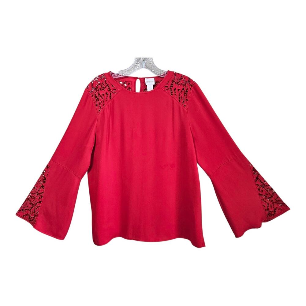 CHICO'S 1 Women's 8 10 Blouse Red Embroidered Cutout Lace Long Bell Sleeve 40"